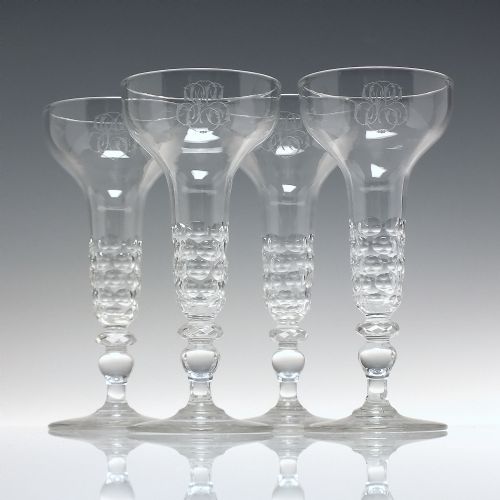 four tall victorian engraved hollow stem champagne glasses c1890 - CATEGORY: ANTIQUE GLASS - DATED 1890