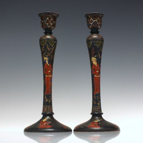 pair antique 19th century hand painted wooden candle sticks - CATEGORY: ANTIQUE LIGHTING - DATED 1860