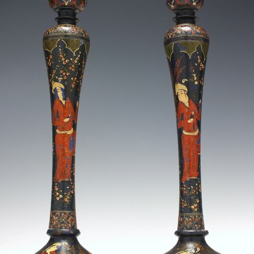 PAIR ANTIQUE 19TH CENTURY HAND PAINTED WOODEN CANDLE STICKS - ADDITIONAL PHOTO 1