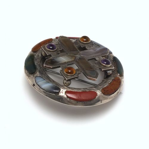 LARGE ANTIQUE SCOTTISH CELTIC SHIELD SILVER AGATE BROOCH C1880 - ADDITIONAL PHOTO 1