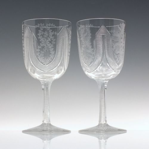 pair victorian engraved wine glass goblets c1880 - CATEGORY: ANTIQUE GLASS - DATED 1880