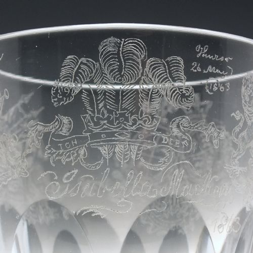 VICTORIAN DIAMOND POINT HERALDIC ENGRAVED GLASS TUMBLER C1860 - ADDITIONAL PHOTO 1