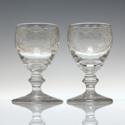 pair antique 18th century engraved gin or port glasses c1790 - CATEGORY: ANTIQUE GLASS - DATED 1750