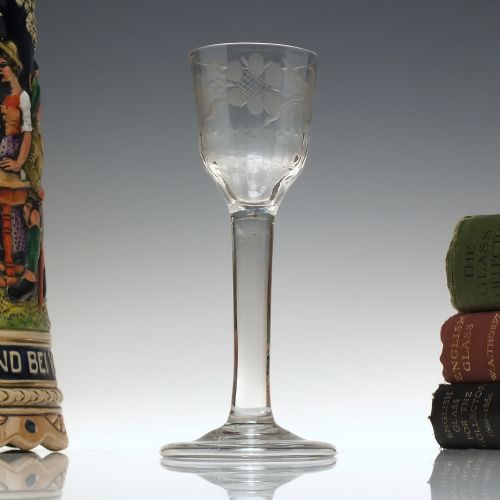 georgian engraved plain stem wine glass with folded foot c1740 - CATEGORY: ANTIQUE GLASS - DATED 1750