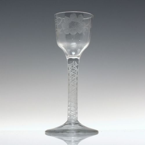 ANTIQUE 18TH CENTURY ENGRAVED OPAQUE TWIST WINE GLASS C1760 - ADDITIONAL PHOTO 1