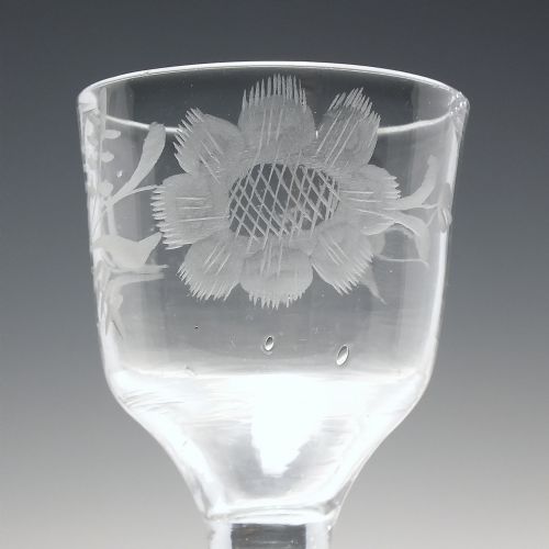 ANTIQUE 18TH CENTURY ENGRAVED OPAQUE TWIST WINE GLASS C1760 - ADDITIONAL PHOTO 3