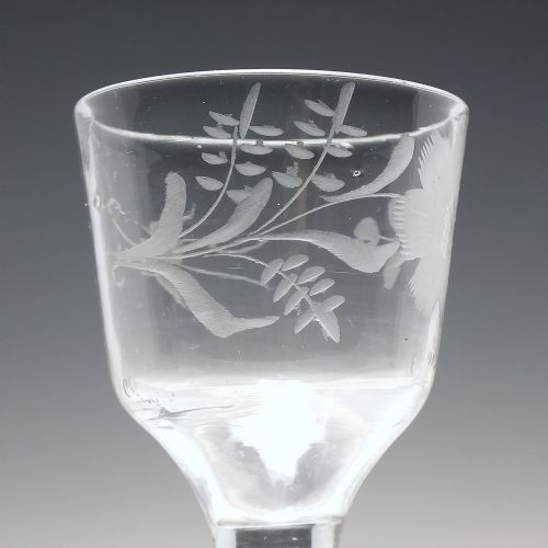 ANTIQUE 18TH CENTURY ENGRAVED OPAQUE TWIST WINE GLASS C1760 - ADDITIONAL PHOTO 4