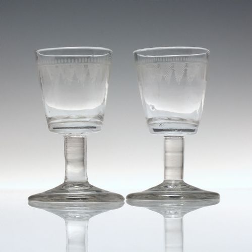 pair of 18th century anglo irish engraved dram glasses c1760 - CATEGORY: ANTIQUE GLASS - DATED 1750