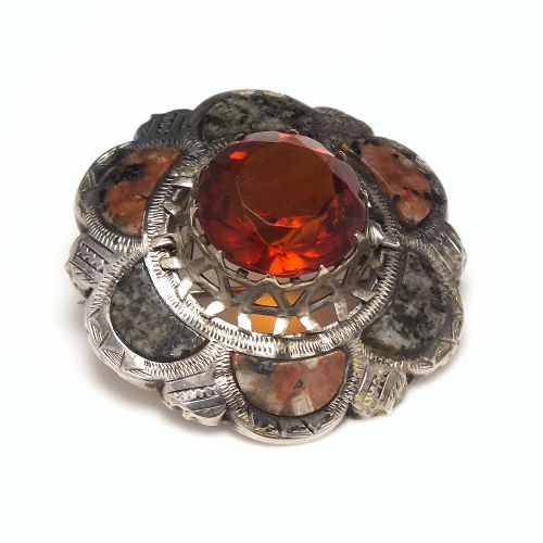 antique scottish celtic shield silver granite brooch c1880 - CATEGORY: ANTIQUE JEWELLERY - DATED 1880