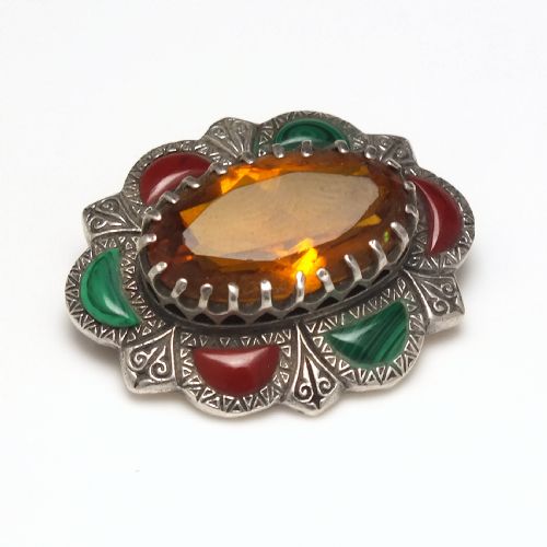 ANTIQUE SILVER MALACHITE CELTIC SHIELD BROOCH C1880 - ADDITIONAL PHOTO 1