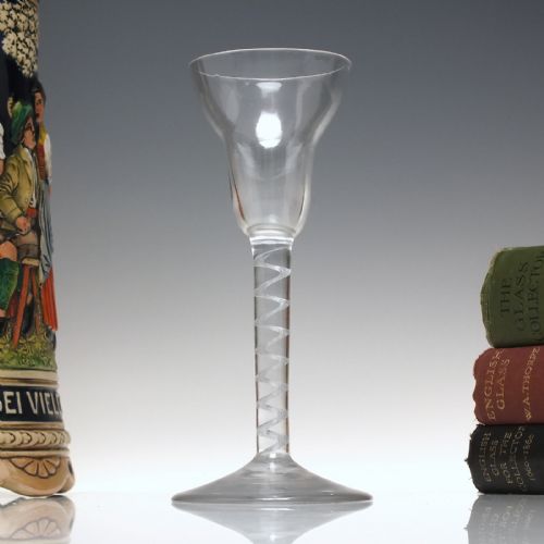 pan top 18th century single series air twist wine glass c1750 - CATEGORY: ANTIQUE GLASS - DATED 1750