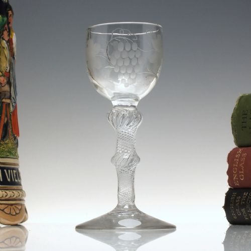 rare georgian engraved air twist wine glass c1750 - CATEGORY: ANTIQUE GLASS - DATED 1750
