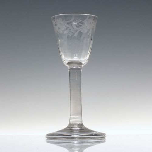 ANTIQUE GEORGIAN ENGRAVED PLAIN STEM WINE GLASS C1740 - ADDITIONAL PHOTO 1