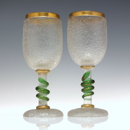pair of bohemian harroch crackle glass serpent goblets c1860 - CATEGORY: ANTIQUE GLASS - DATED 1860