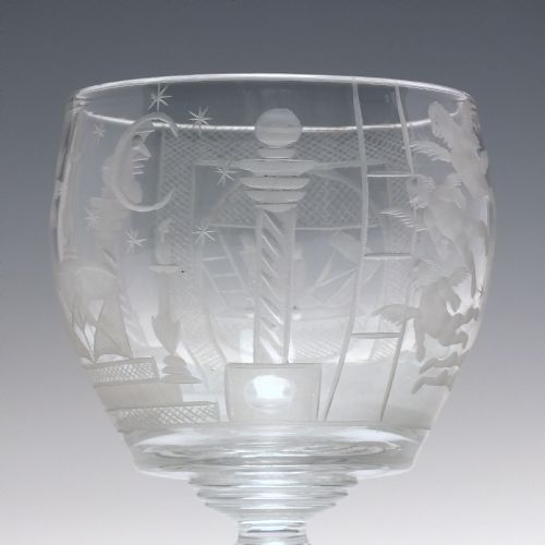 ANTIQUE 19TH CENTURY MASONIC ENGRAVED GLASS RUMMER C1840 - ADDITIONAL PHOTO 3