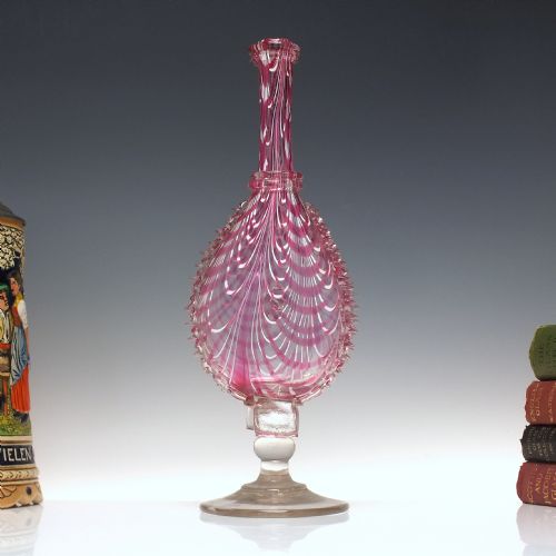 19th century cranberry and white nailsea glass bellows flask c1850 - CATEGORY: ANTIQUE GLASS - DATED 1860