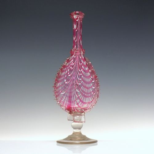 19TH CENTURY CRANBERRY AND WHITE NAILSEA GLASS BELLOWS FLASK C1850 - ADDITIONAL PHOTO 1