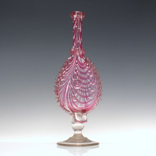 19TH CENTURY CRANBERRY AND WHITE NAILSEA GLASS BELLOWS FLASK C1850 - ADDITIONAL PHOTO 2
