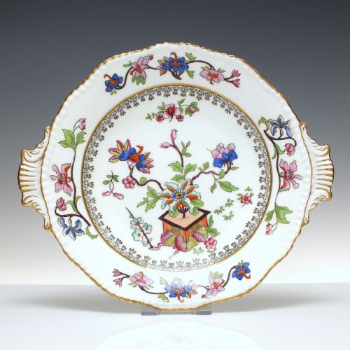 rair victorian coalport handled round serving plate c1900 in flower pot pattern - CATEGORY: ANTIQUE PLATES - DATED 1900