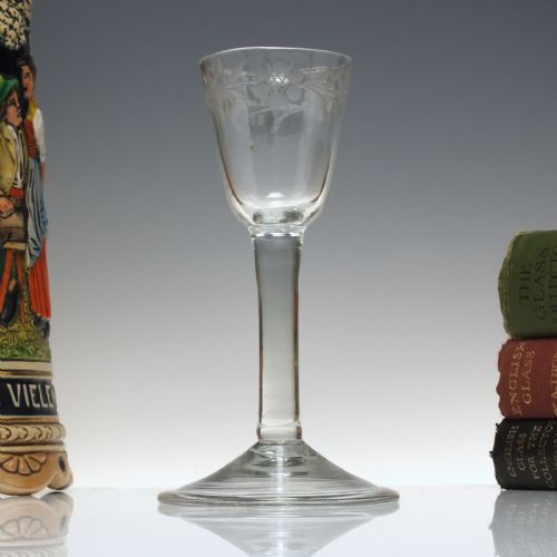 antique georgian engraved plain stem wine glass c1740 - CATEGORY: ANTIQUE GLASS - DATED 1750