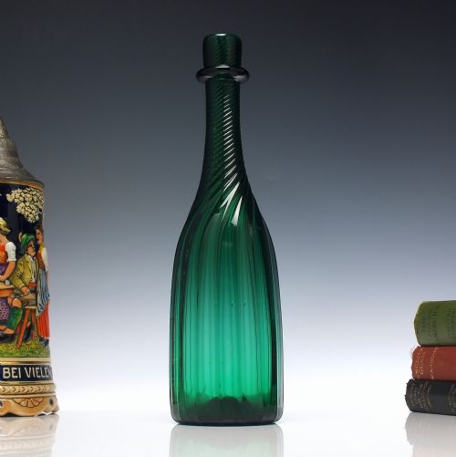 19th century victorian richardsons green wrythen glass serving bottle c1840 - CATEGORY: ANTIQUE GLASS - DATED 1850