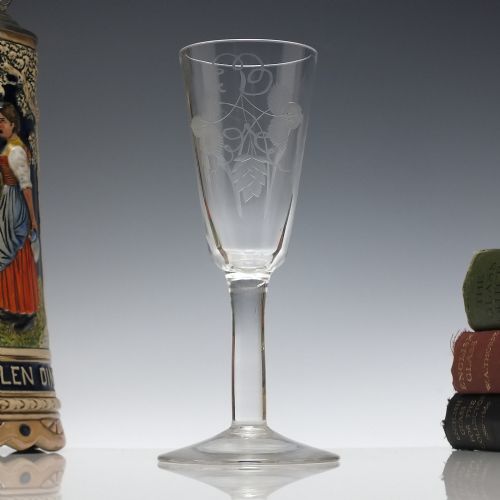 hops barley engraved 18th century plain stem ale glass c1750 - CATEGORY: ANTIQUE GLASS - DATED 1750