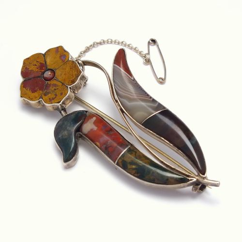 victorian scottish flower silver and agate brooch c1880 - CATEGORY: ANTIQUE JEWELLERY - DATED 1880