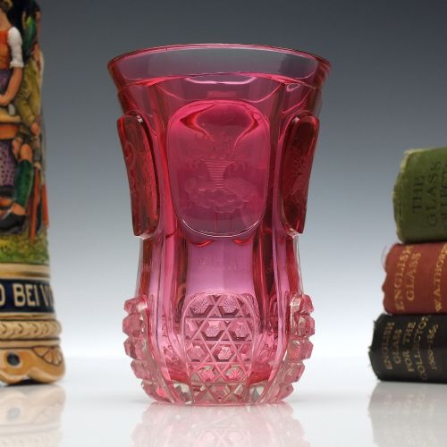 bohemian egermann engraved cranberry christening glass c1840 - CATEGORY: ANTIQUE GLASS - DATED 1850
