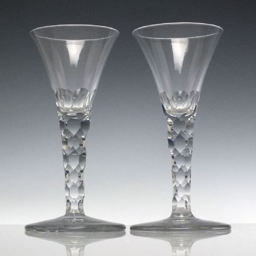 pair georgian drawn trumpet facet cut wine glasses c1790 - CATEGORY: ANTIQUE GLASS - DATED GEORGIAN