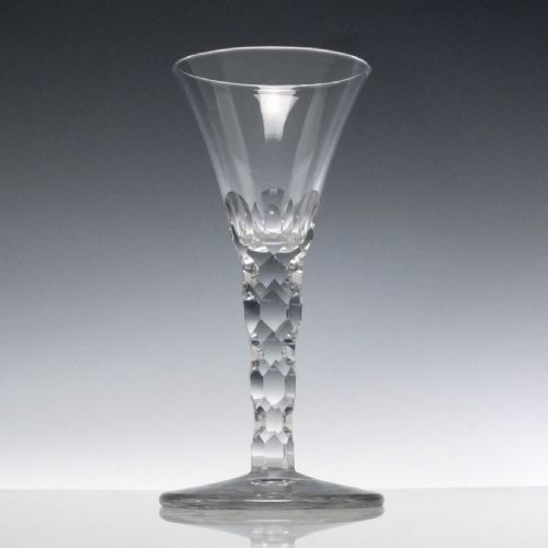 PAIR GEORGIAN DRAWN TRUMPET FACET CUT WINE GLASSES C1790 - ADDITIONAL PHOTO 1