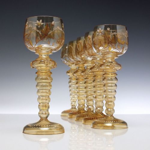 rare set of six friedrich heckert gilded and enamelled wine glasses c1900 - CATEGORY: ANTIQUE GLASS - DATED 1900