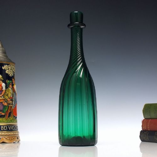 19th century victorian richardsons green wrythen glass serving bottle c1840 - CATEGORY: ANTIQUE GLASS - DATED VICTORIAN