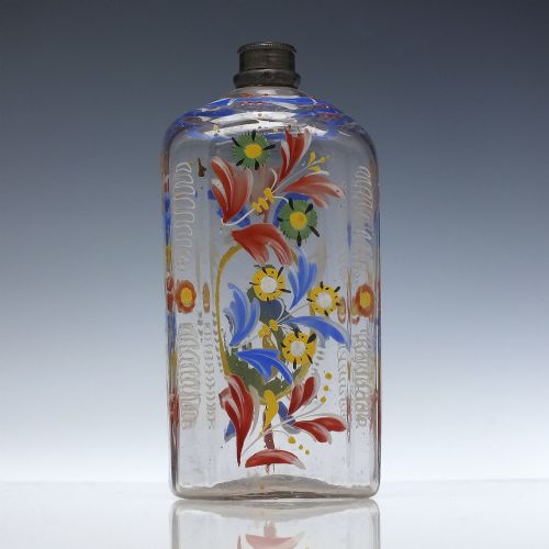 18TH CENTURY GERMAN ENAMELLED GLASS SCHNAPPS FLASK C1760 - ADDITIONAL PHOTO 1