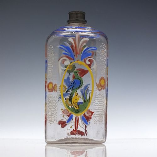 18TH CENTURY GERMAN ENAMELLED GLASS SCHNAPPS FLASK C1760 - ADDITIONAL PHOTO 3