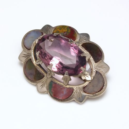 ANTIQUE SCOTTISH CELTIC SHIELD SILVER GEMSTONE BROOCH C1920 - ADDITIONAL PHOTO 1