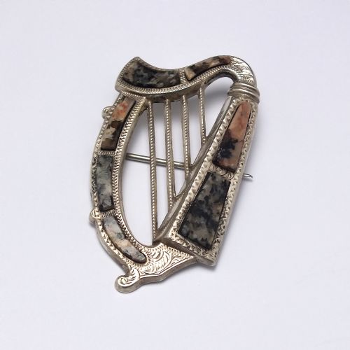 rare victorian celtic silver harp granite brooch c1880 - CATEGORY: ANTIQUE JEWELLERY - DATED 1880