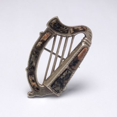 RARE VICTORIAN CELTIC SILVER HARP GRANITE BROOCH C1880 - ADDITIONAL PHOTO 1