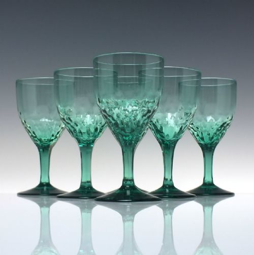 six 19th century green wine glasses with hammer moulded bowls c1830 - CATEGORY: ANTIQUE GLASS - DATED 1800
