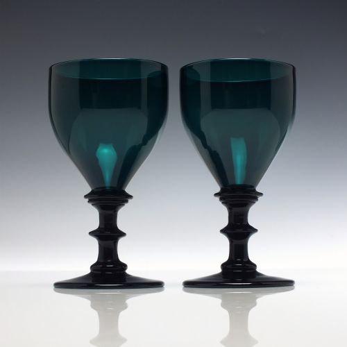 pair of 19th century turquoise wine glasses c1820 - CATEGORY: ANTIQUE GLASS - DATED 1800