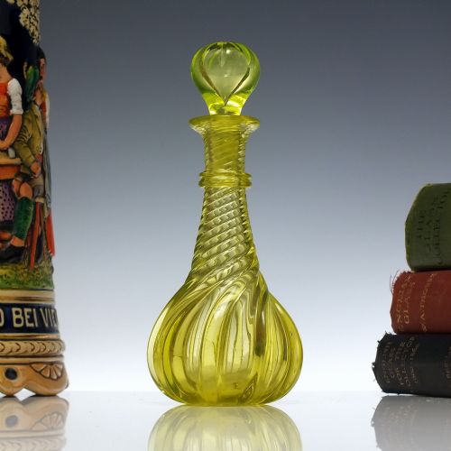 antique victorian vaseline spiral lobed perfume bottle c1860 - CATEGORY: ANTIQUE GLASS - DATED 1860