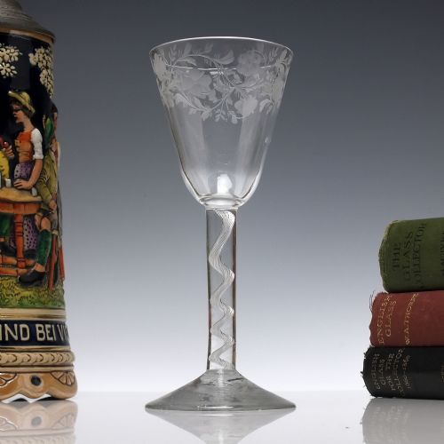 tall 18th century engraved air twist wine glass c1750 - CATEGORY: ANTIQUE GLASS - DATED 1750