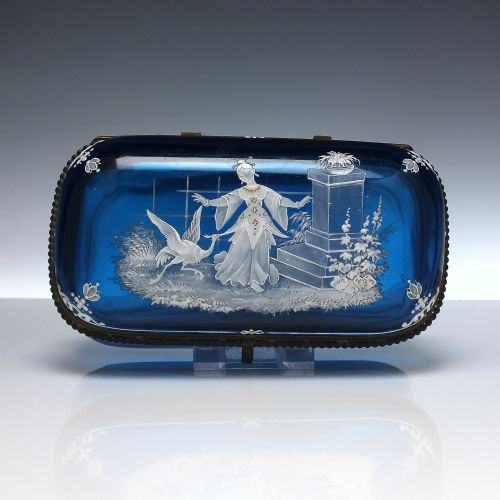 victorian enamelled blue glass jewellery box or casket c1870 - CATEGORY: ANTIQUE GLASS - DATED 1870