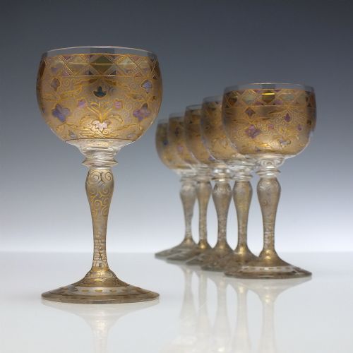 Six Art Nouveau Gilded Glass Port Wine Glasses C1900