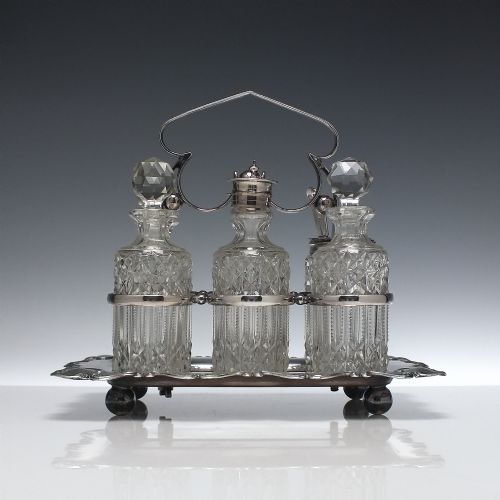 high quality 19th century silver plated six bottle condiment set c1890 - CATEGORY: ANTIQUE GLASS - DATED 1890