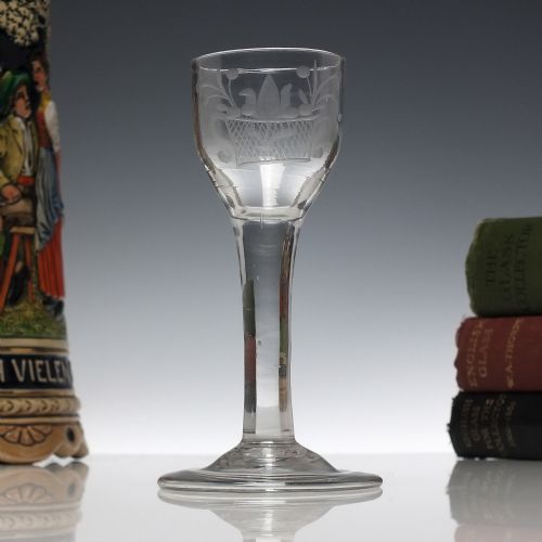 georgian engraved plain stem wine glass with folded foot c1740 - CATEGORY: ANTIQUE GLASS - DATED 1750
