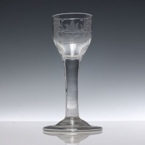 GEORGIAN ENGRAVED PLAIN STEM WINE GLASS WITH FOLDED FOOT C1740 - ADDITIONAL PHOTO 1
