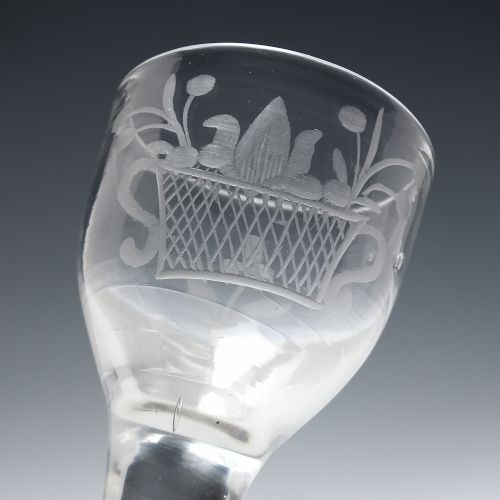 GEORGIAN ENGRAVED PLAIN STEM WINE GLASS WITH FOLDED FOOT C1740 - ADDITIONAL PHOTO 3