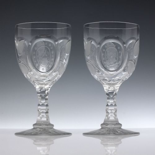 pair of engraved 19th century richardson stourbridge glass wine goblets c1880 - CATEGORY: ANTIQUE GLASS - DATED 1880