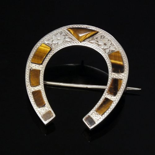 exceedingly rare victorian silver tigers eye horseshoe brooch c1860 - CATEGORY: ANTIQUE JEWELLERY - DATED 1860
