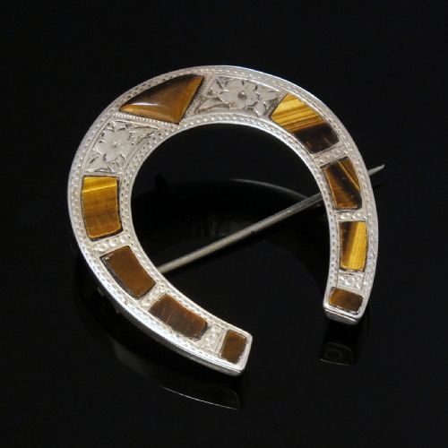 EXCEEDINGLY RARE VICTORIAN SILVER TIGERS EYE HORSESHOE BROOCH C1860 - ADDITIONAL PHOTO 2